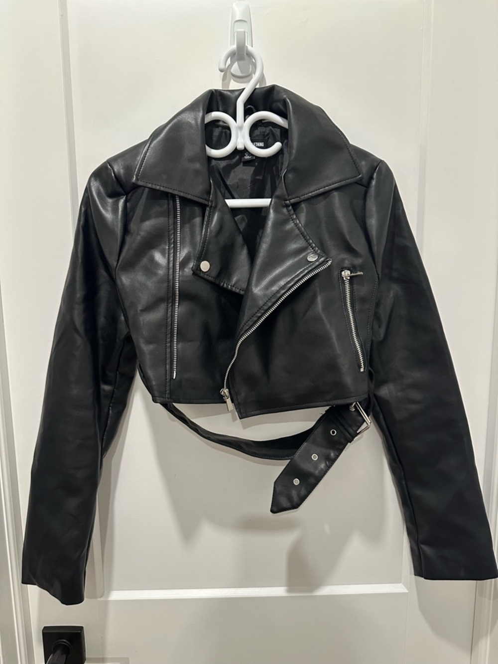 PrettyLittleThing Black Cropped Faux Leather Moto Jacket with Belt